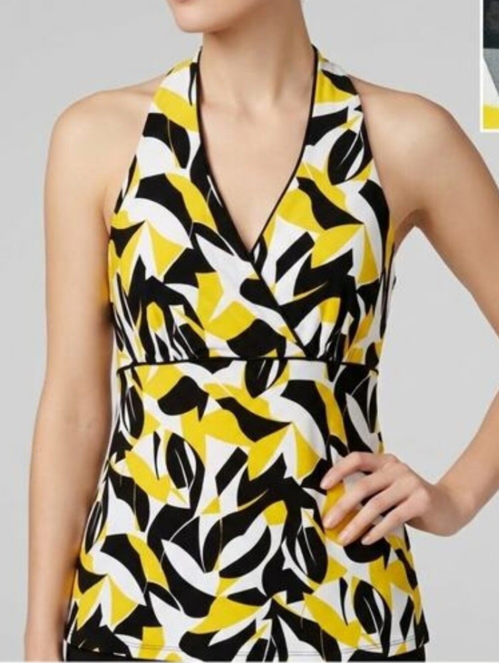 I.N.C Bold Yellow, Black abd White Abstract Floral Halter V- Neckline Blouse